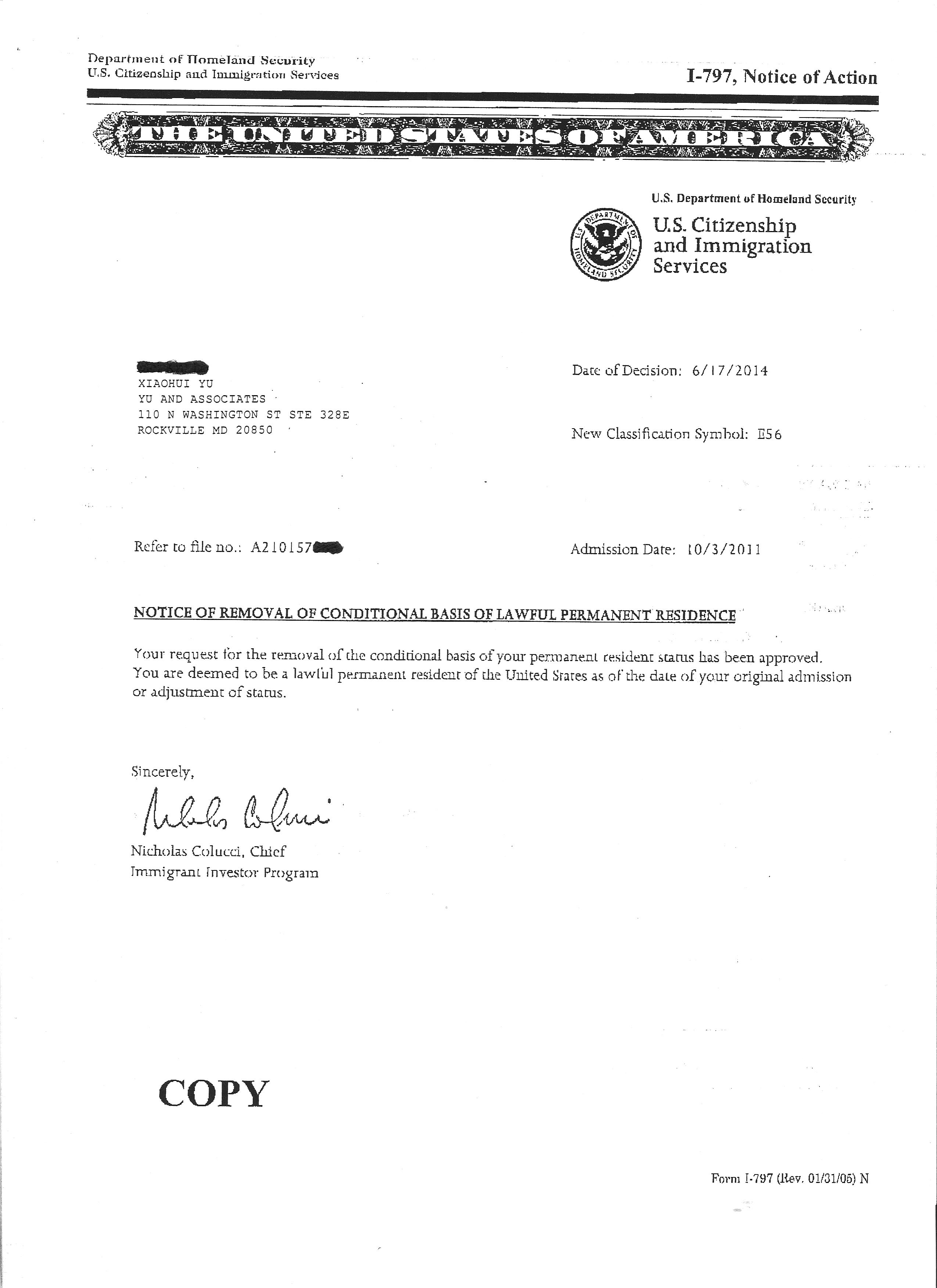 Notice of removal of conditonal basis of lawful permanent residence